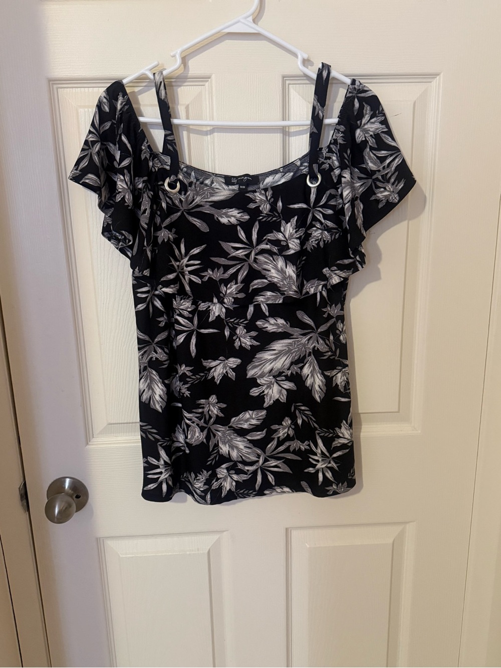 Black Floral Cold-Shoulder Camisole with Silver Ring Straps